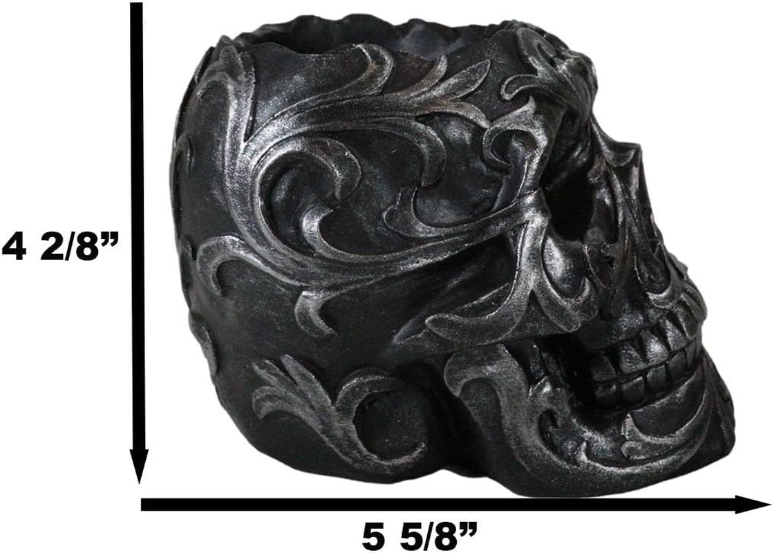 Set of 2 Tribal Tattoo Floral Skull Pen Holder Figurine 5.75" L Office Desktop Ossuary Skulls Decor Cranium Skeleton Head Stationery Holder as Halloween Macabre Graveyard Spooky Statue