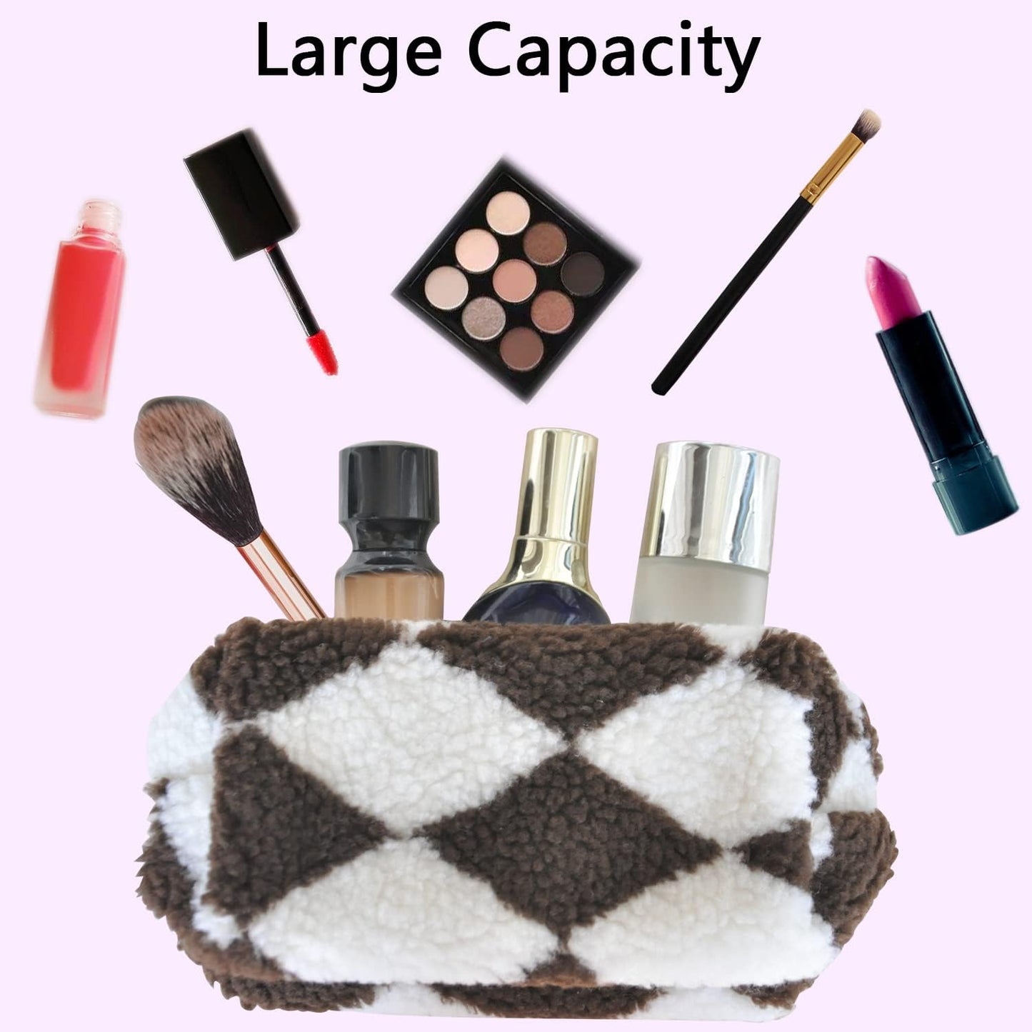 3Pcs Checkered Plush Makeup Bag Terry Cloth Cosmetic Bag Zipper Travel Toiletry Bag Organizer Soft Pencil Pouch Case Makeup Brushes Storage Bag for Women Girlsps