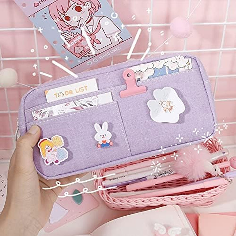 Kawaii Large Pencil Case Stationery Storage Bags Canvas Pencil Bag Cute Makeup Bag School Supplies for Girl Kids Gift W/Badge(A-Pink)…