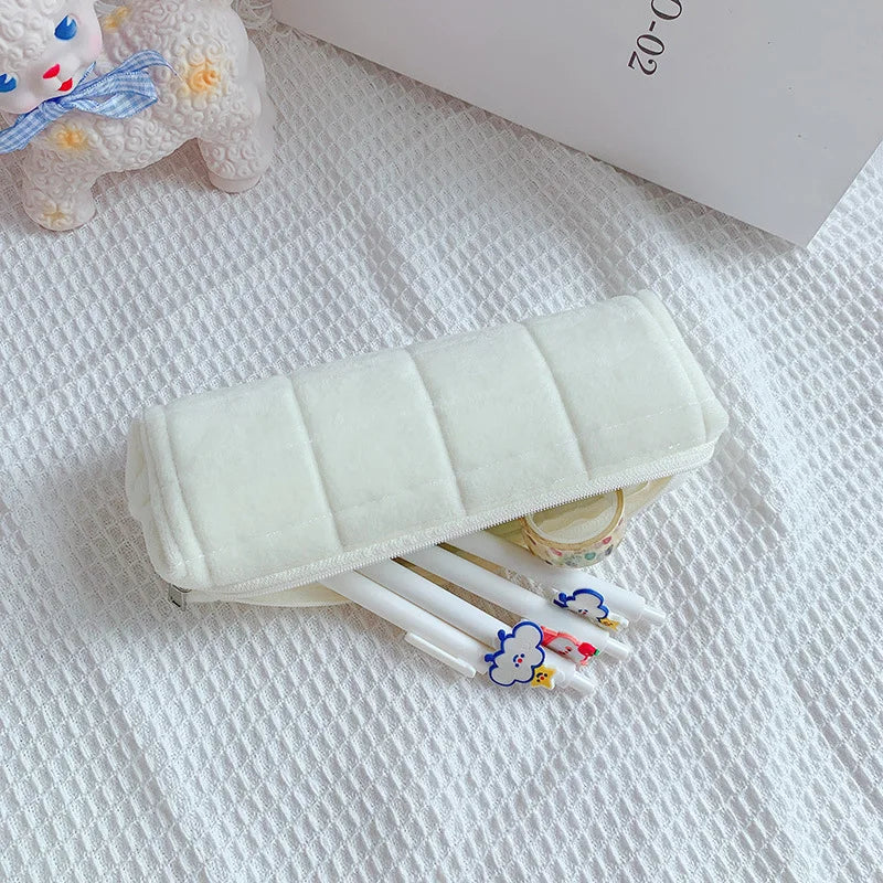 Soft Velvet Zipper Pencil Bag Kawaii Stationery Pens Stationery Storage Bag Case Plush Pencil Bag Organizer Management