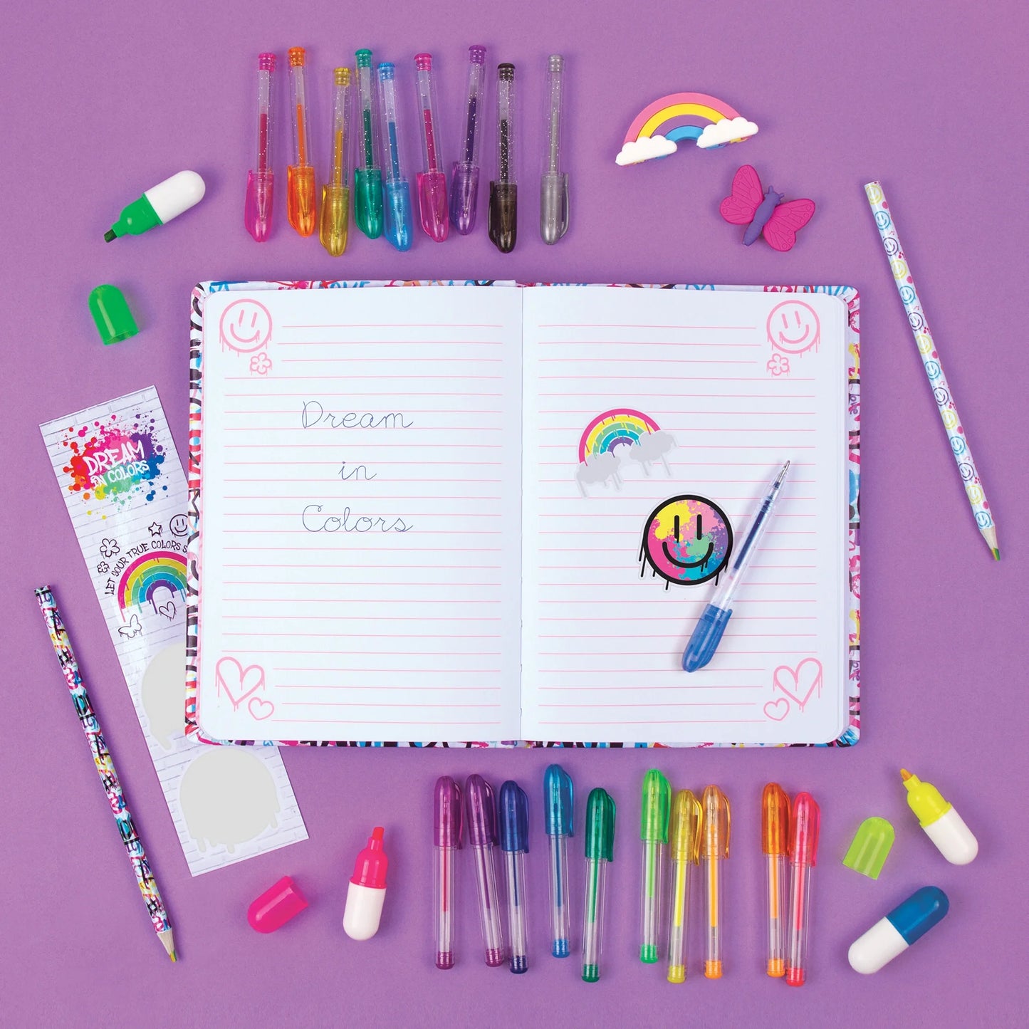 3C4G: Street Style 30 Piece Stationery Set - Includes 20 Mini Gel Pens, 2 Erasers, 2 Colored Pencils, 4 Highlighters & Sticker Sheet, Tweens & Girls 6+