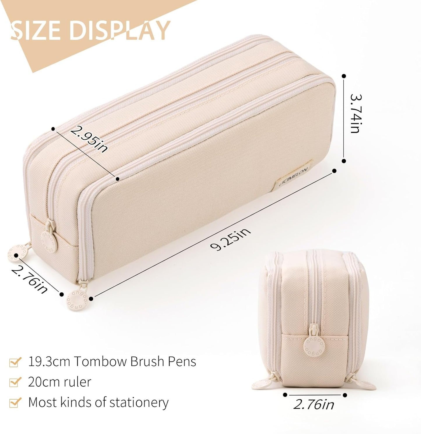Large Capacity Pencil Case 3 Compartment Pouch Pen Bag for School Teen Girl Boy Men Women (Beige)
