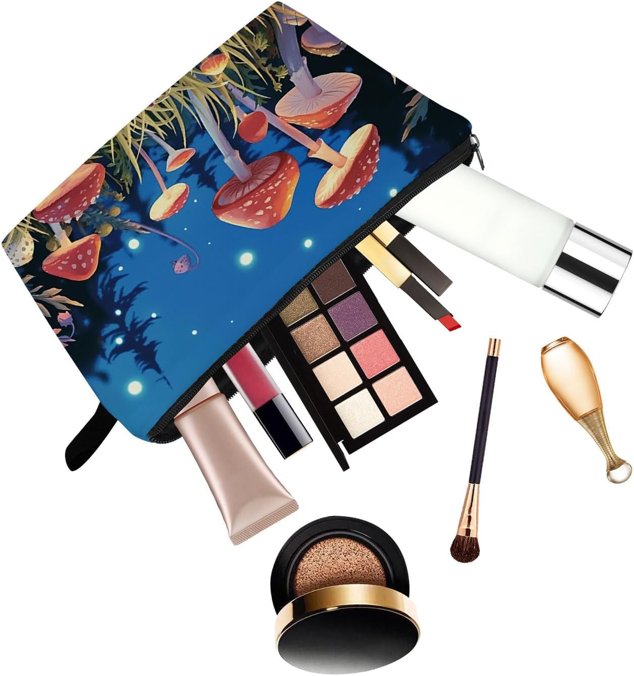 Fancy Mushroom Present Mushroom Makeup Bag Cute Small Organizer Bag with Zipper Night Red Mushroom Toiletry Cosmetic Bag Birthday Presents for Mushroom Lovers Women Friends