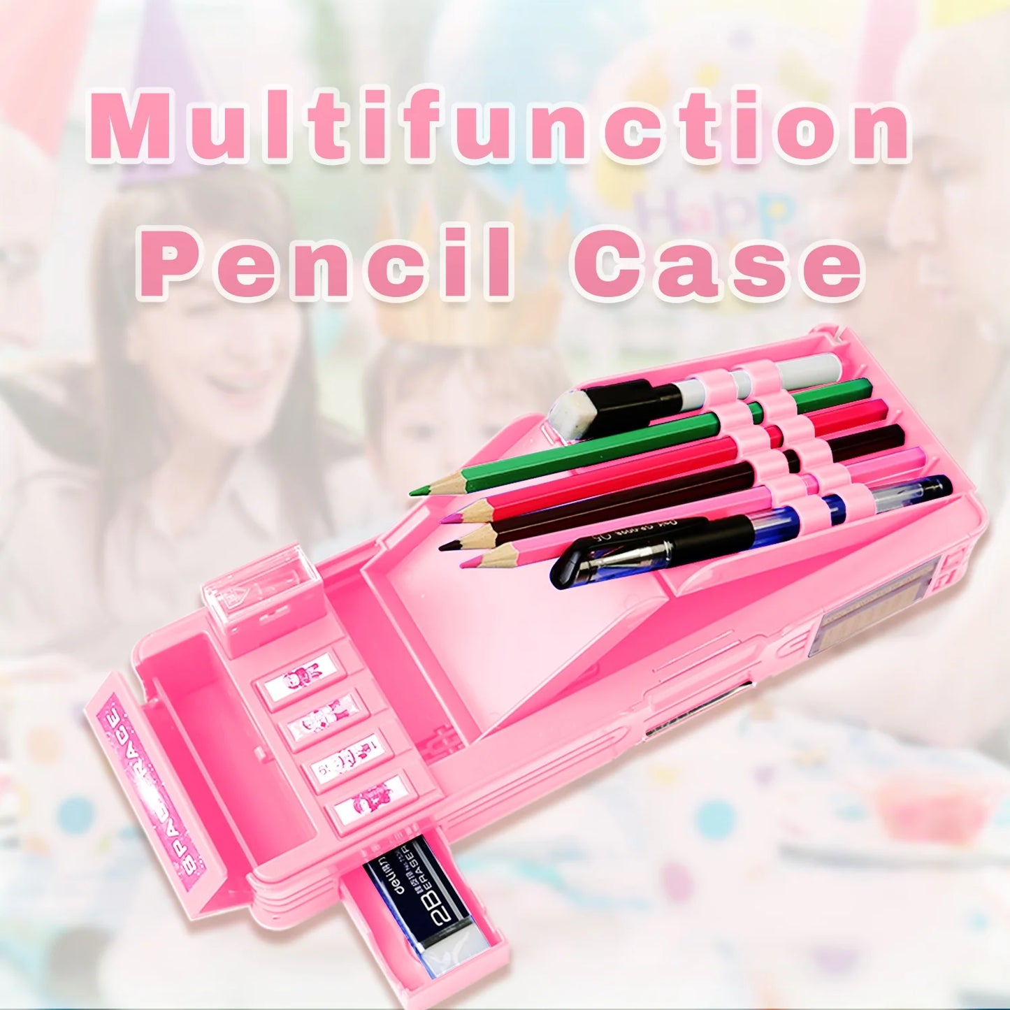 Pop up Multi Function Pencil Case (6-12), Cute Cartoon Pencil Box with Sharpener, Schedule, Whiteboard(Pink-Happy Day, with Password Lock)