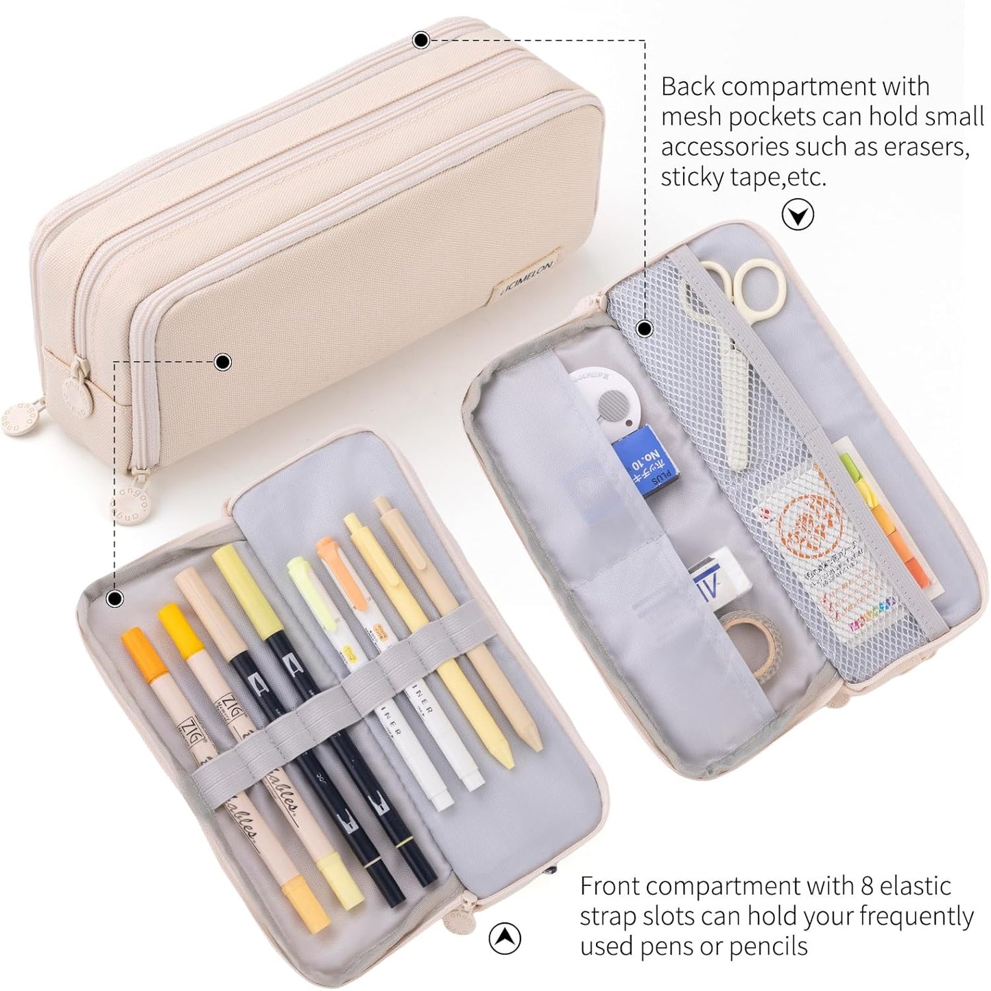 Large Capacity Pencil Case 3 Compartment Pouch Pen Bag for School Teen Girl Boy Men Women (Beige)