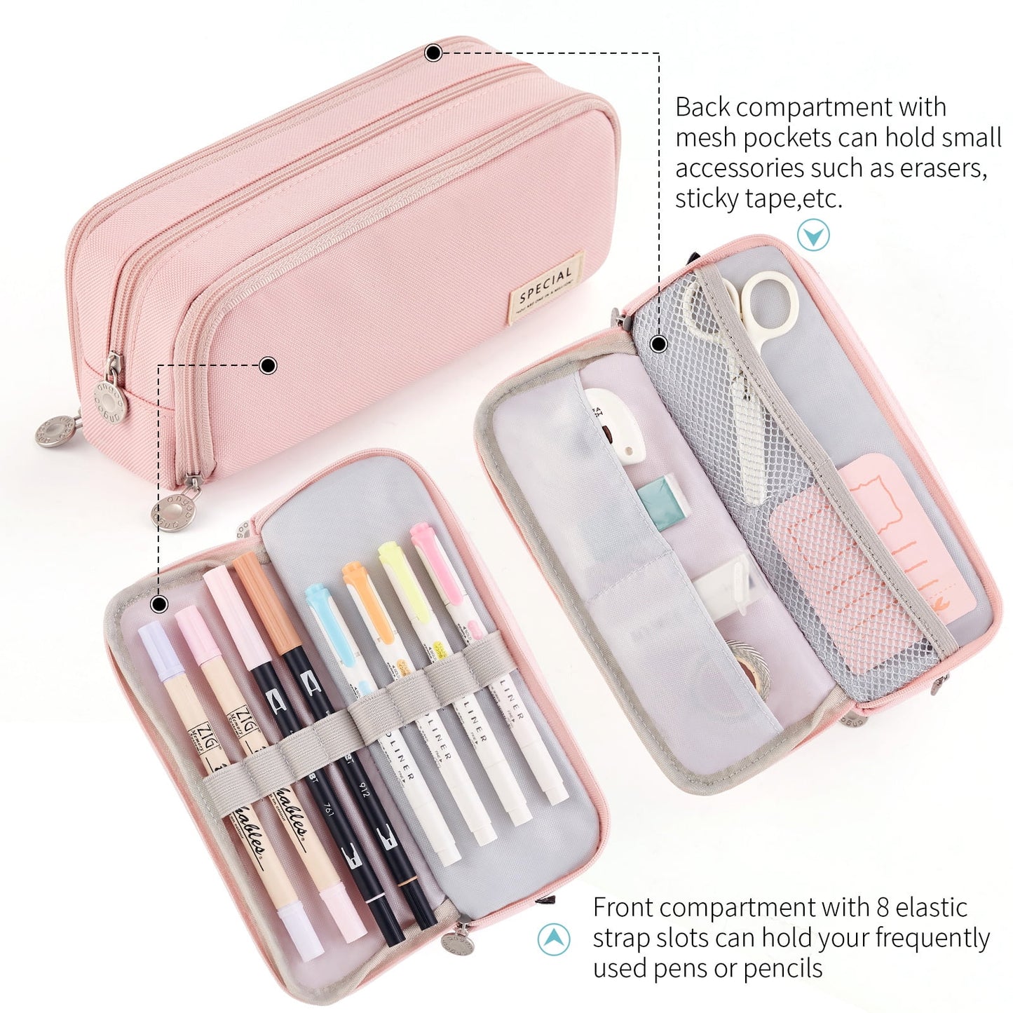 Large Capacity Pencil Case 3 Compartments Pen Pouch Pencil Bag for Students Girls Adults Women (PINK)