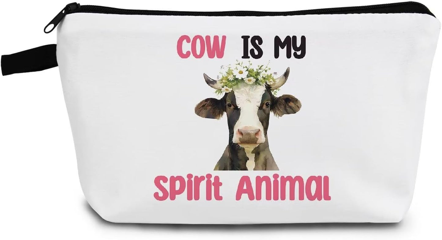 Funny Cow Makeup Bag Toiletry Zipper Pouch Inspirational Gift Cow Is My Spirit Animal Cosmetic Bag for Women Friends