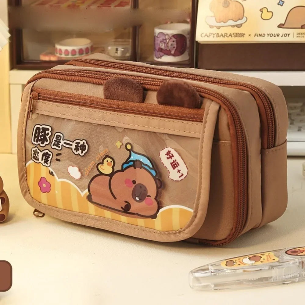 Fashion Cartoon Canvas Pen Bag Cute Cat Flip Cover Pencil Case Portable Large Capacity Retro Puppy Pen Pouch for Student Office
