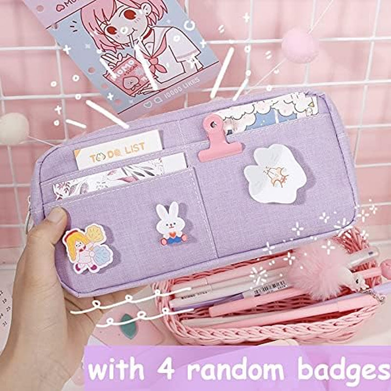 Kawaii Large Pencil Case Stationery Storage Bags Canvas Pencil Bag Cute Makeup Bag School Supplies for Girl Kids Gift W/Badge(A-Pink)…
