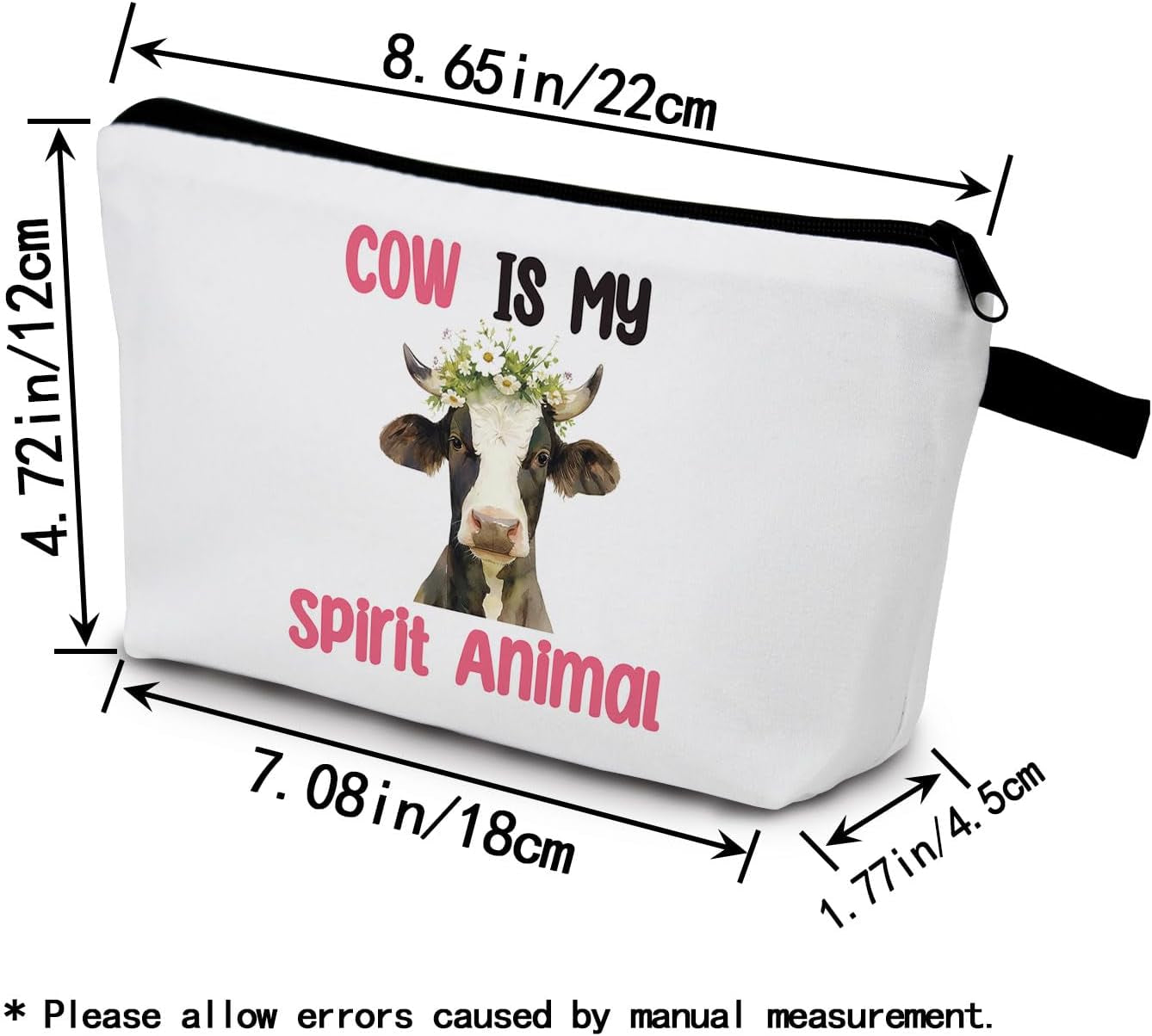 Funny Cow Makeup Bag Toiletry Zipper Pouch Inspirational Gift Cow Is My Spirit Animal Cosmetic Bag for Women Friends