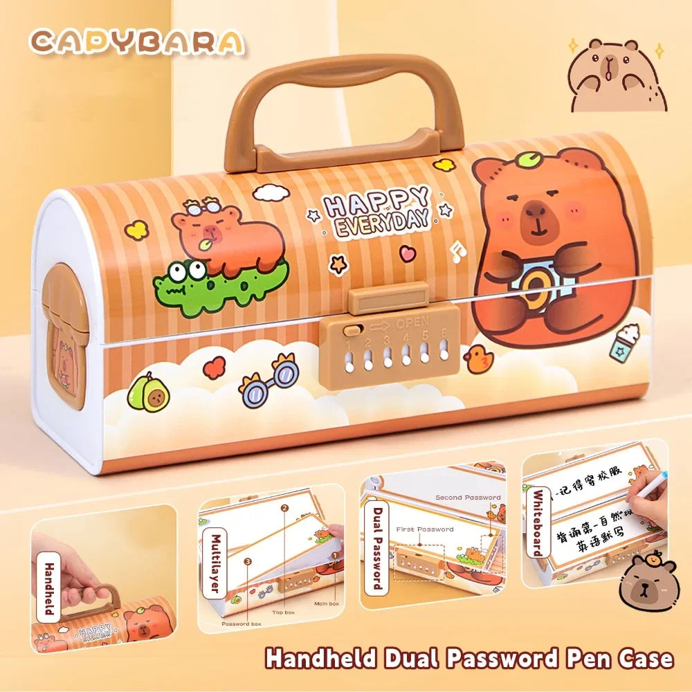 Multifunctional Capibara Pencil Case Large Capacity Password Lock Stationery Box Double Layer High-Tech Pen Box NO Stationery