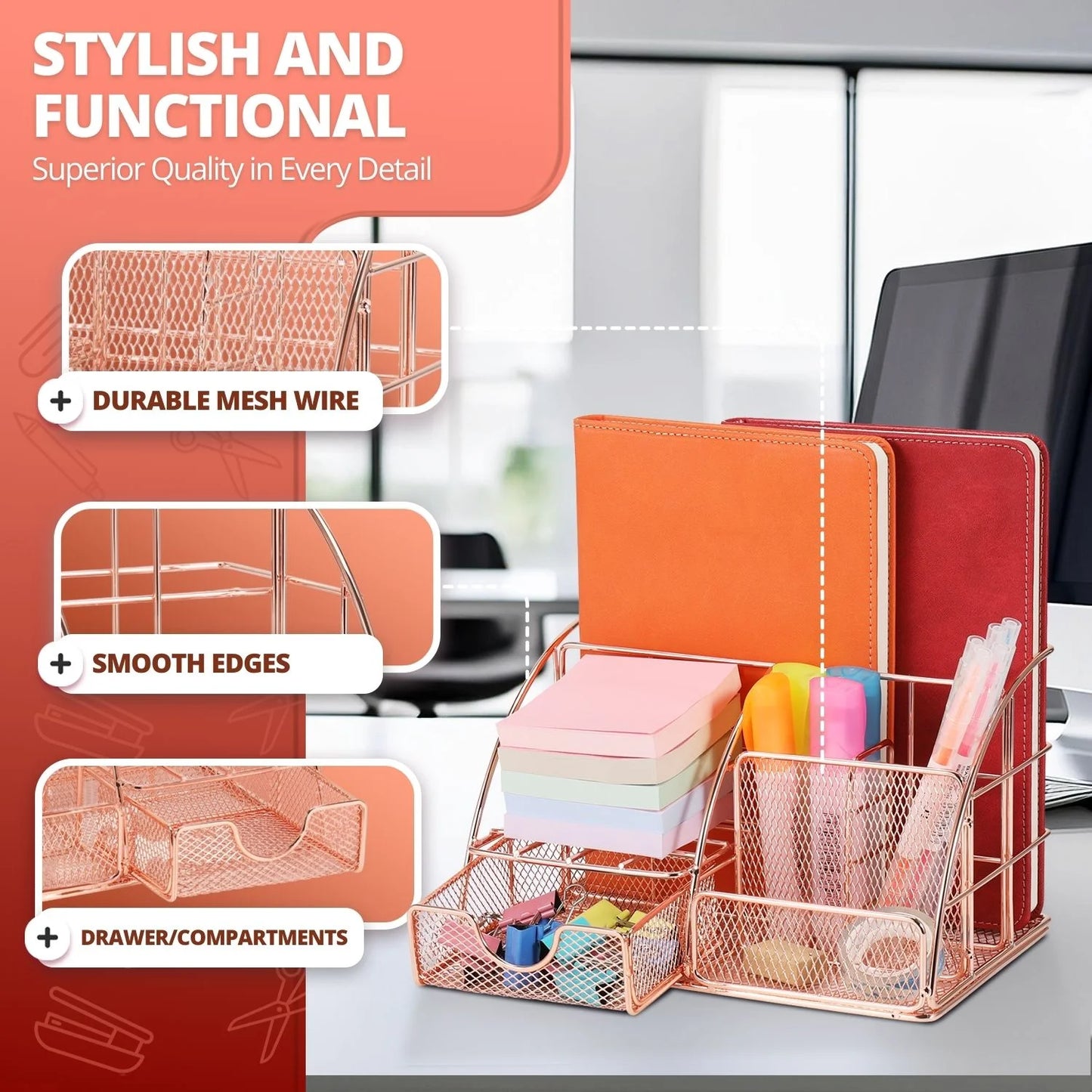 Metal Mesh Desktop Organizer with Drawer, Rose Gold