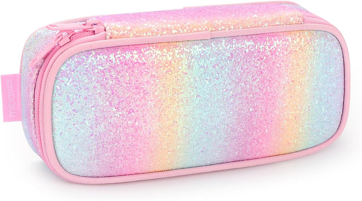 Girls Pencil Case for Kids, Multi-Slot Pencil Pouch, Pink Blue Rainbow