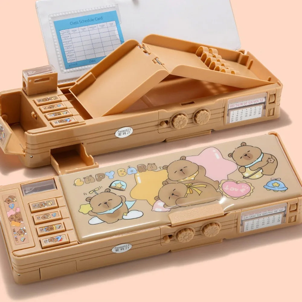 Multifunctional Capibara Pencil Case Large Capacity Password Lock Stationery Box Double Layer High-Tech Pen Box NO Stationery