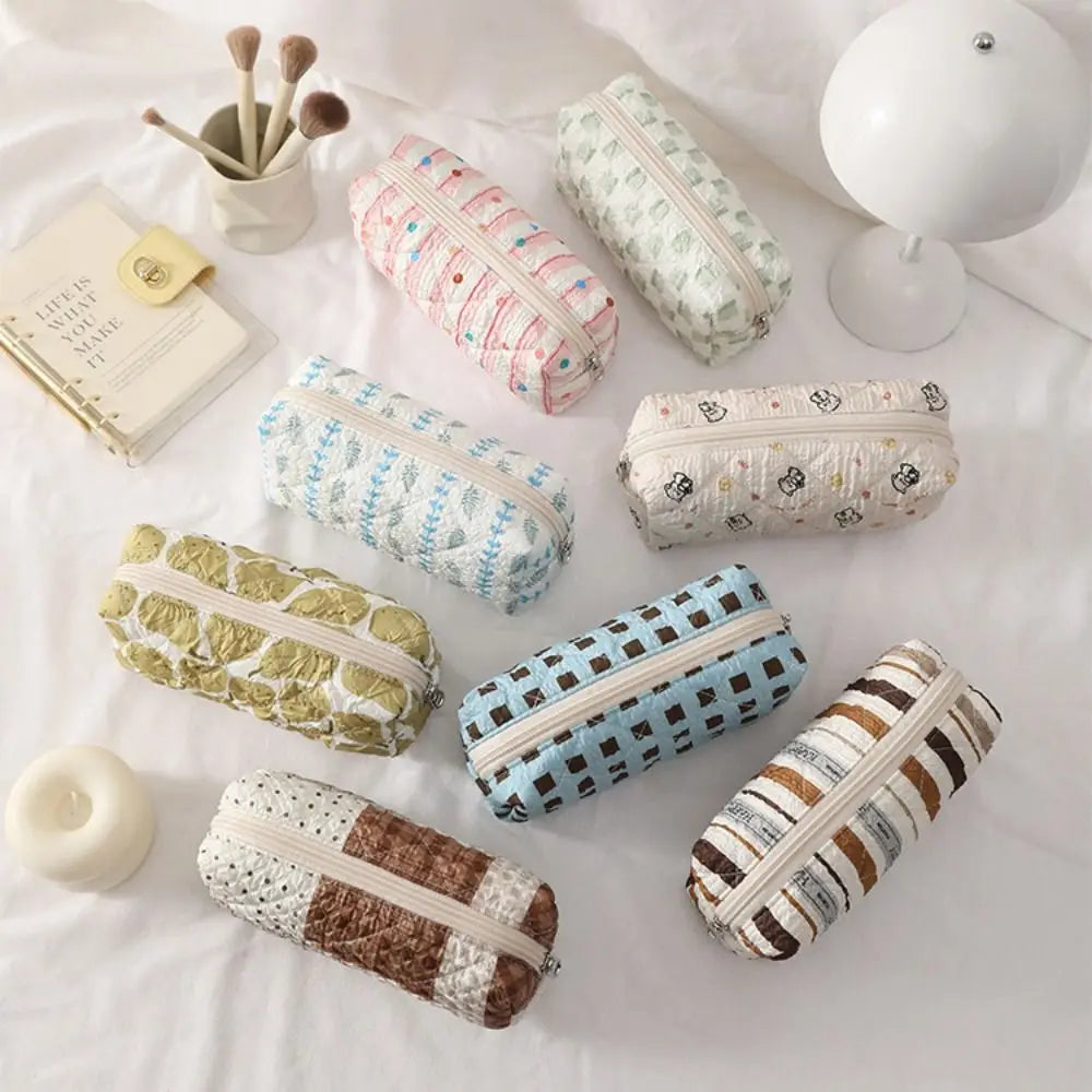 Fashion Cartoon Canvas Pen Bag Cute Cat Flip Cover Pencil Case Portable Large Capacity Retro Puppy Pen Pouch for Student Office