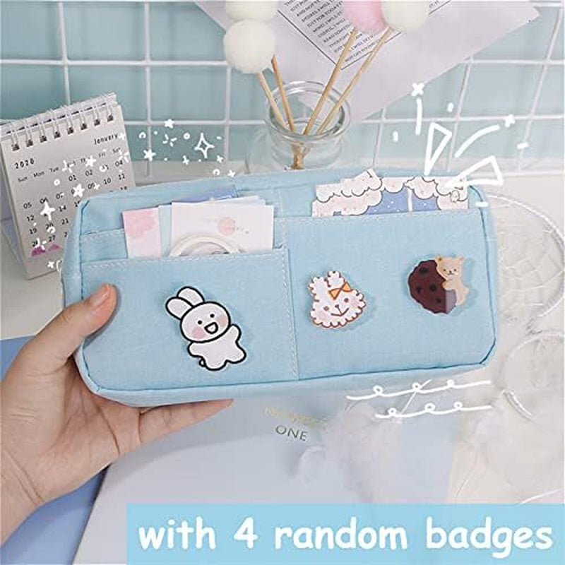 Kawaii Large Pencil Case Stationery Storage Bags Canvas Pencil Bag Cute Makeup Bag School Supplies for Girl Kids Gift W/Badge(A-Pink)…