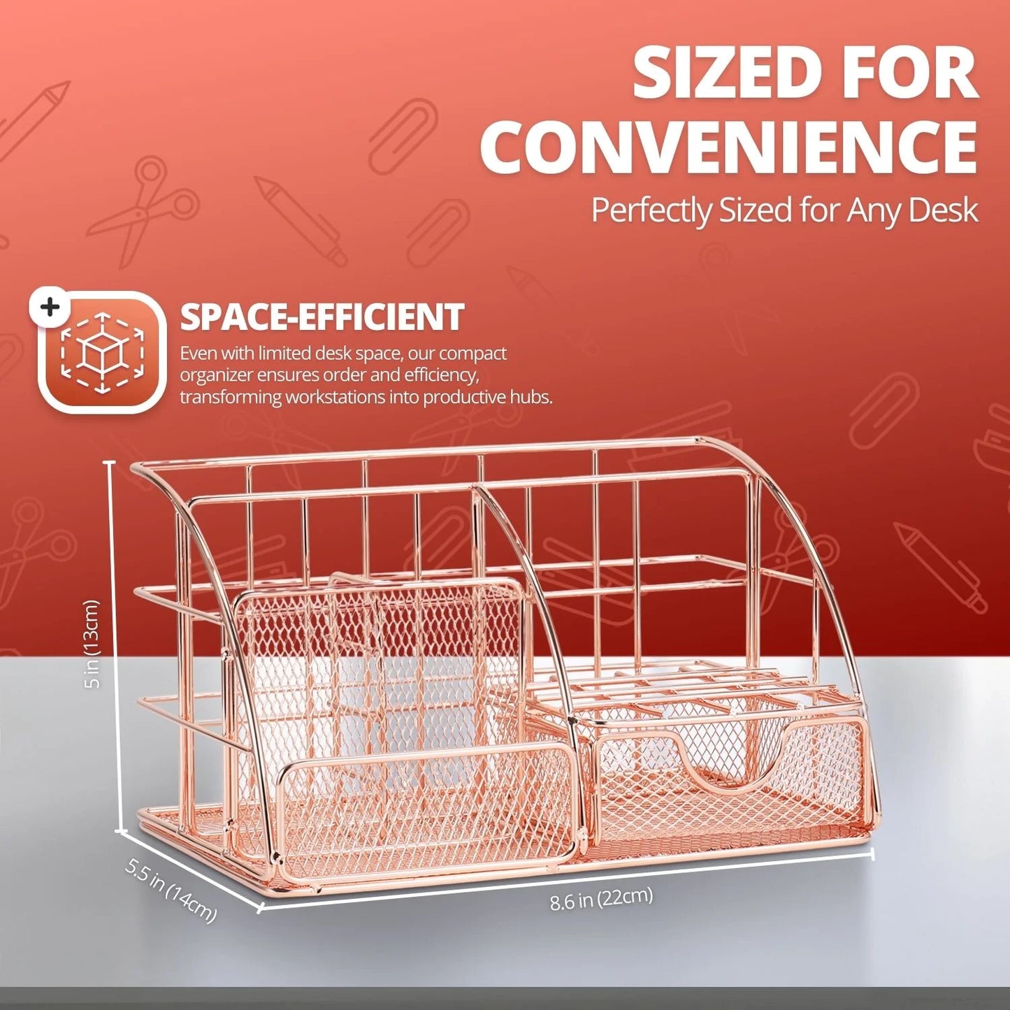 Metal Mesh Desktop Organizer with Drawer, Rose Gold
