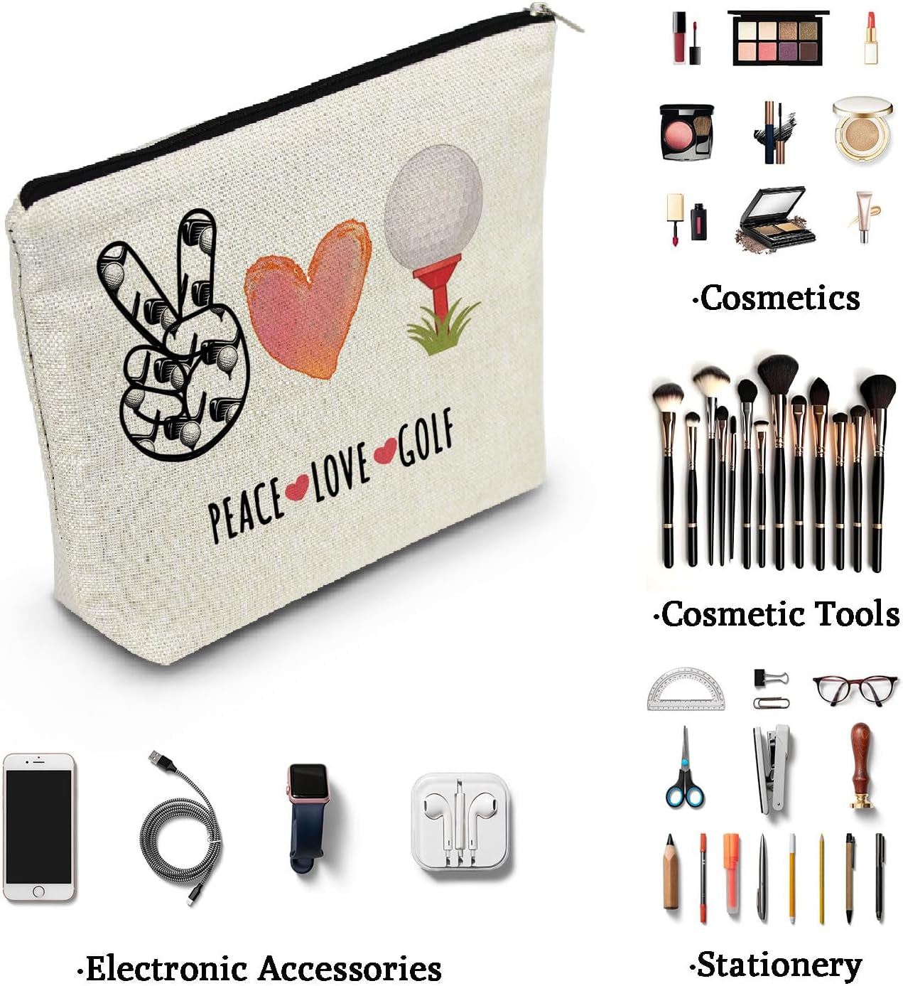 Golf Inspirational Gifts Cosmetic Bag for Women Cute Makeup Organizer Pouch with Zipper Gifts Golf Players Peace Love Golf Toiletry Makeup Bag Gifts for Women - Peace Love Golf