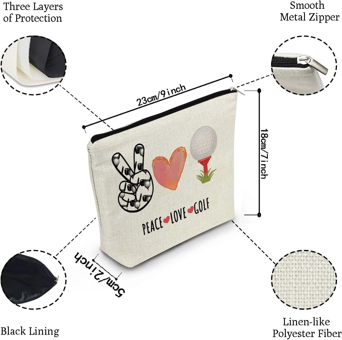 Golf Inspirational Gifts Cosmetic Bag for Women Cute Makeup Organizer Pouch with Zipper Gifts Golf Players Peace Love Golf Toiletry Makeup Bag Gifts for Women - Peace Love Golf