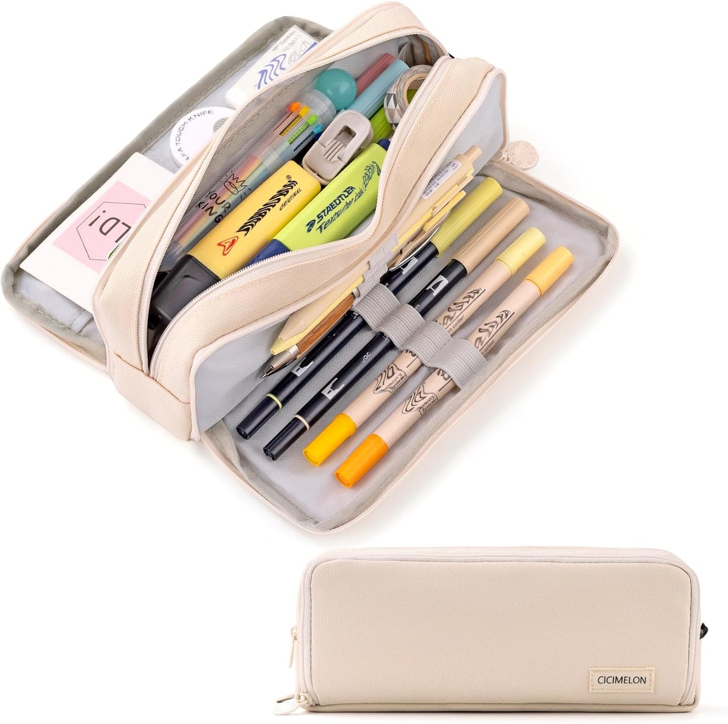 Large Capacity Pencil Case 3 Compartment Pouch Pen Bag for School Teen Girl Boy Men Women (Beige)