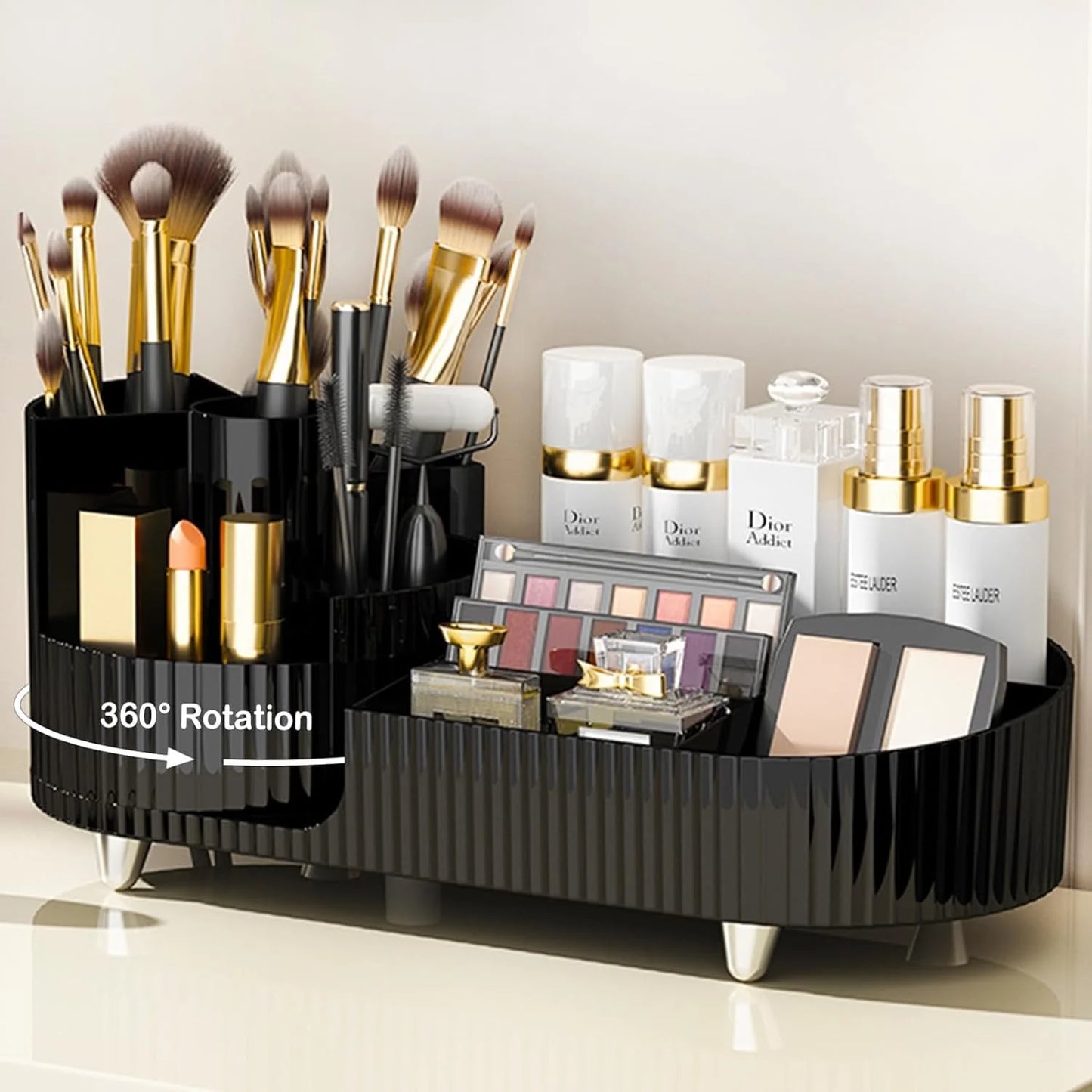 Makeup Organizer, Rotating Makeup Organizer for Vanity with Brush Holder, Cosmetic Organizer, Large Spinning Makeup Skincare Organizer for Perfume Jewellry Lipstick, Black