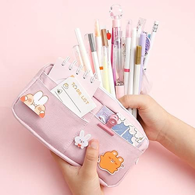 Kawaii Large Pencil Case Stationery Storage Bags Canvas Pencil Bag Cute Makeup Bag School Supplies for Girl Kids Gift W/Badge(A-Pink)…