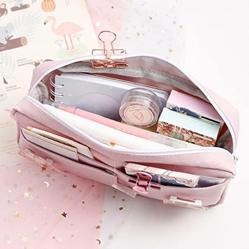 Kawaii Large Pencil Case Stationery Storage Bags Canvas Pencil Bag Cute Makeup Bag School Supplies for Girl Kids Gift W/Badge(A-Pink)…