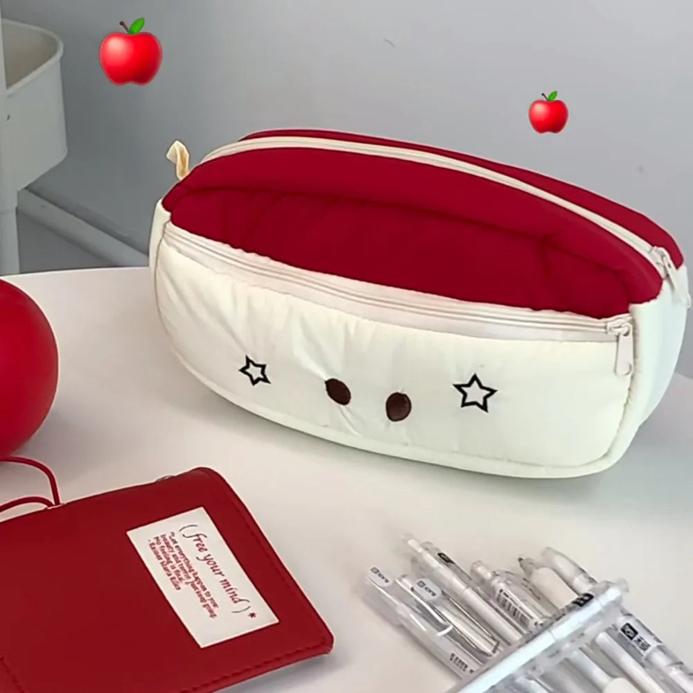 Fashion Cartoon Canvas Pen Bag Cute Cat Flip Cover Pencil Case Portable Large Capacity Retro Puppy Pen Pouch for Student Office