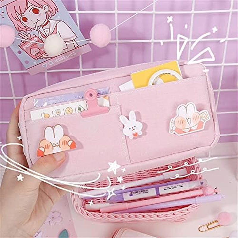 Kawaii Large Pencil Case Stationery Storage Bags Canvas Pencil Bag Cute Makeup Bag School Supplies for Girl Kids Gift W/Badge(A-Pink)…