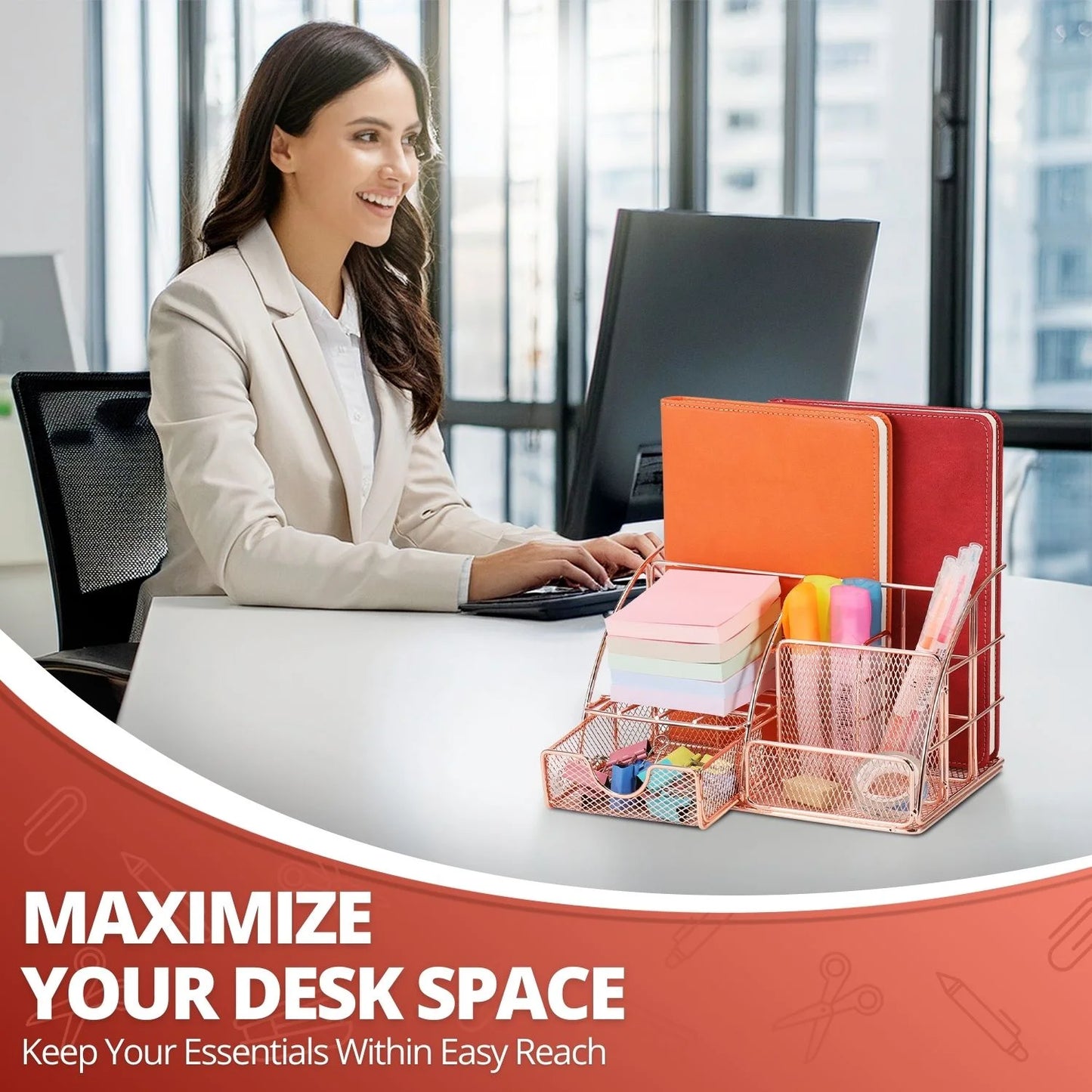 Metal Mesh Desktop Organizer with Drawer, Rose Gold