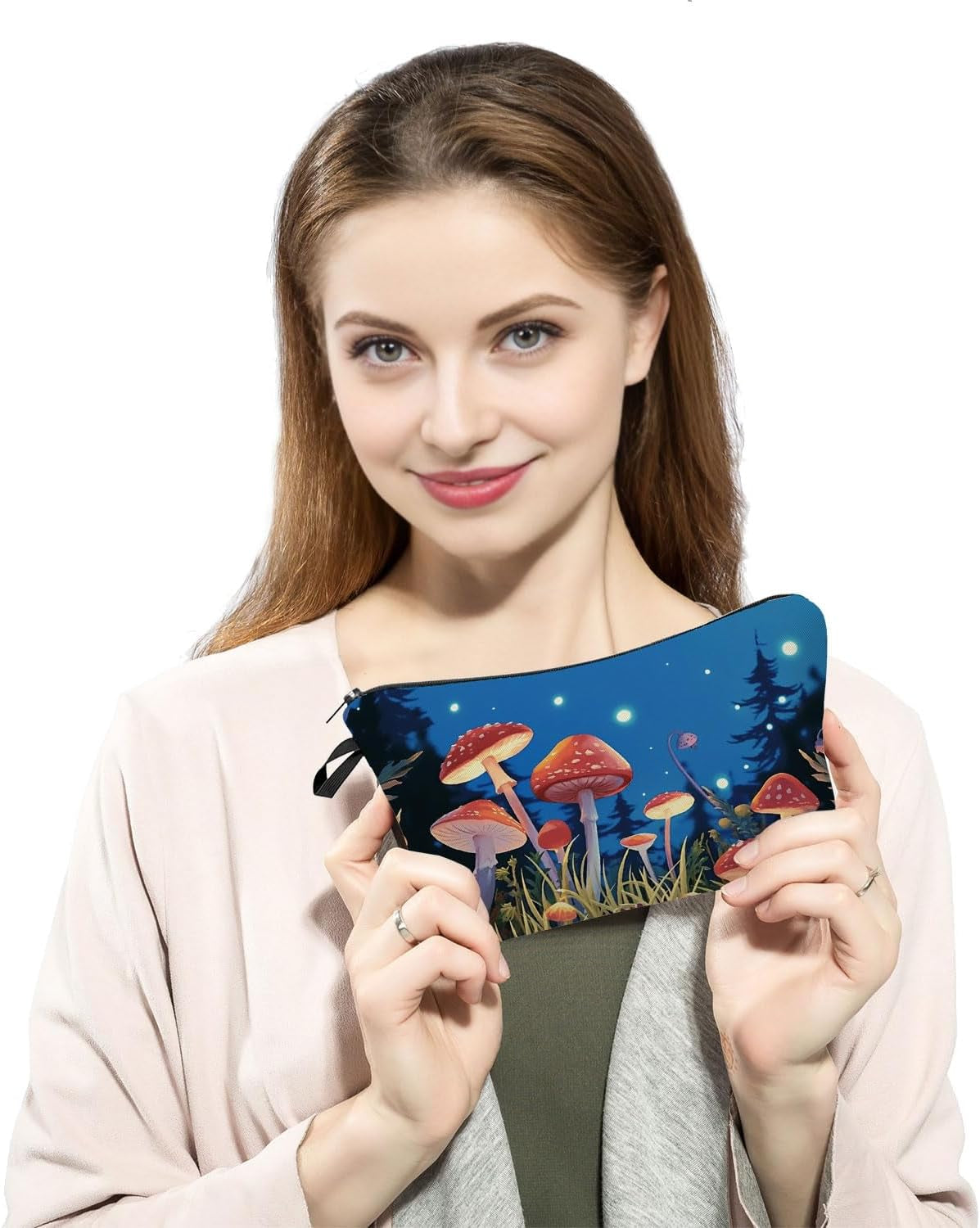 Fancy Mushroom Present Mushroom Makeup Bag Cute Small Organizer Bag with Zipper Night Red Mushroom Toiletry Cosmetic Bag Birthday Presents for Mushroom Lovers Women Friends