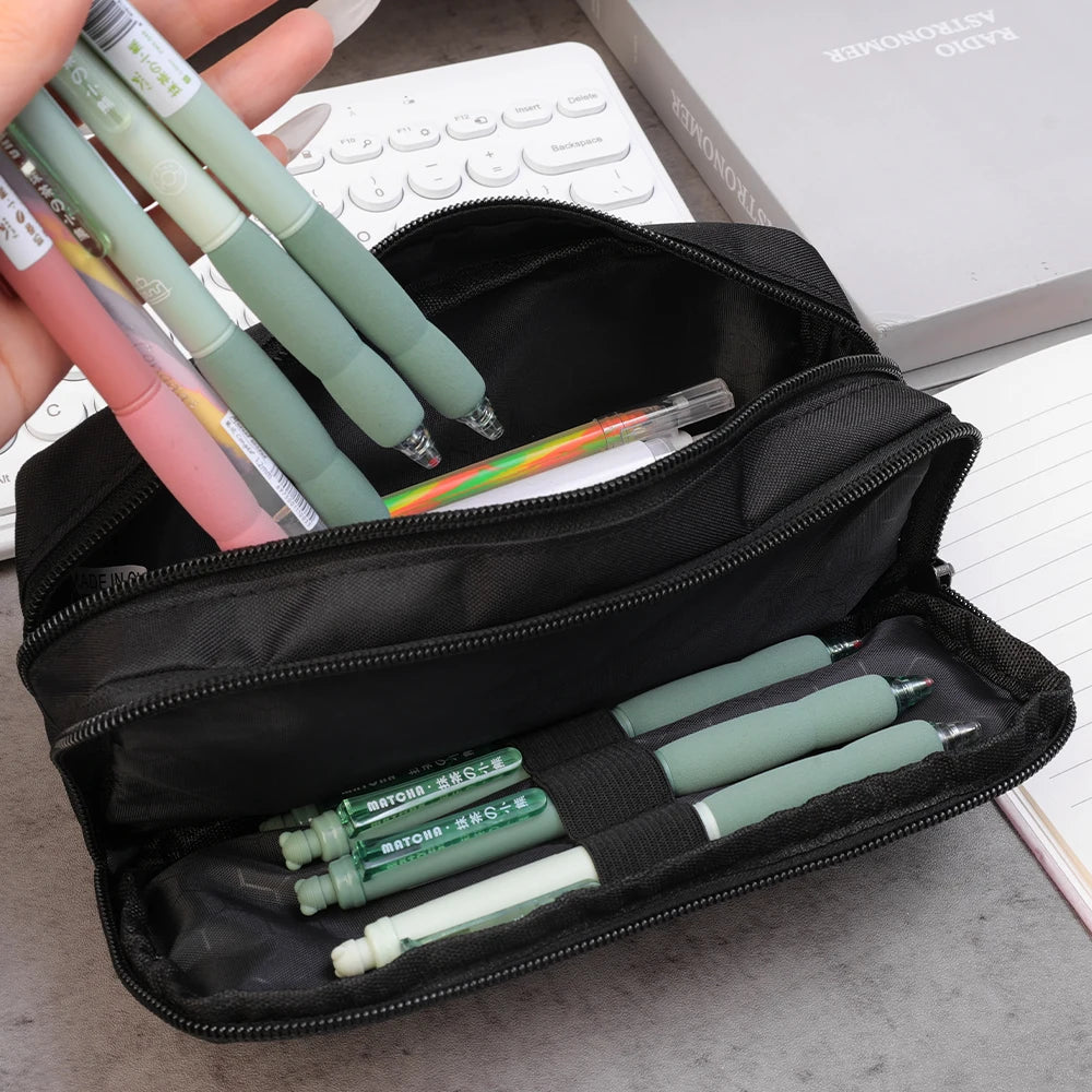Large Capacity Black Simple Pencil Case Marker Pen Refillls Eraser Stationery Storage Pouch Bag School Office Organizer
