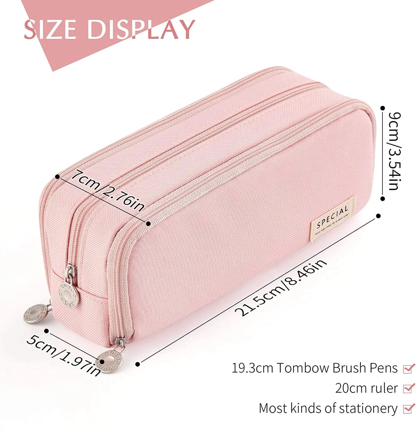 Large Capacity Pencil Case 3 Compartments Pen Pouch Pencil Bag for Students Girls Adults Women (PINK)
