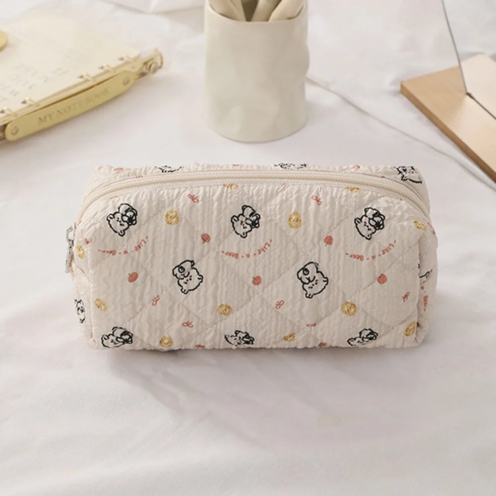 Fashion Cartoon Canvas Pen Bag Cute Cat Flip Cover Pencil Case Portable Large Capacity Retro Puppy Pen Pouch for Student Office