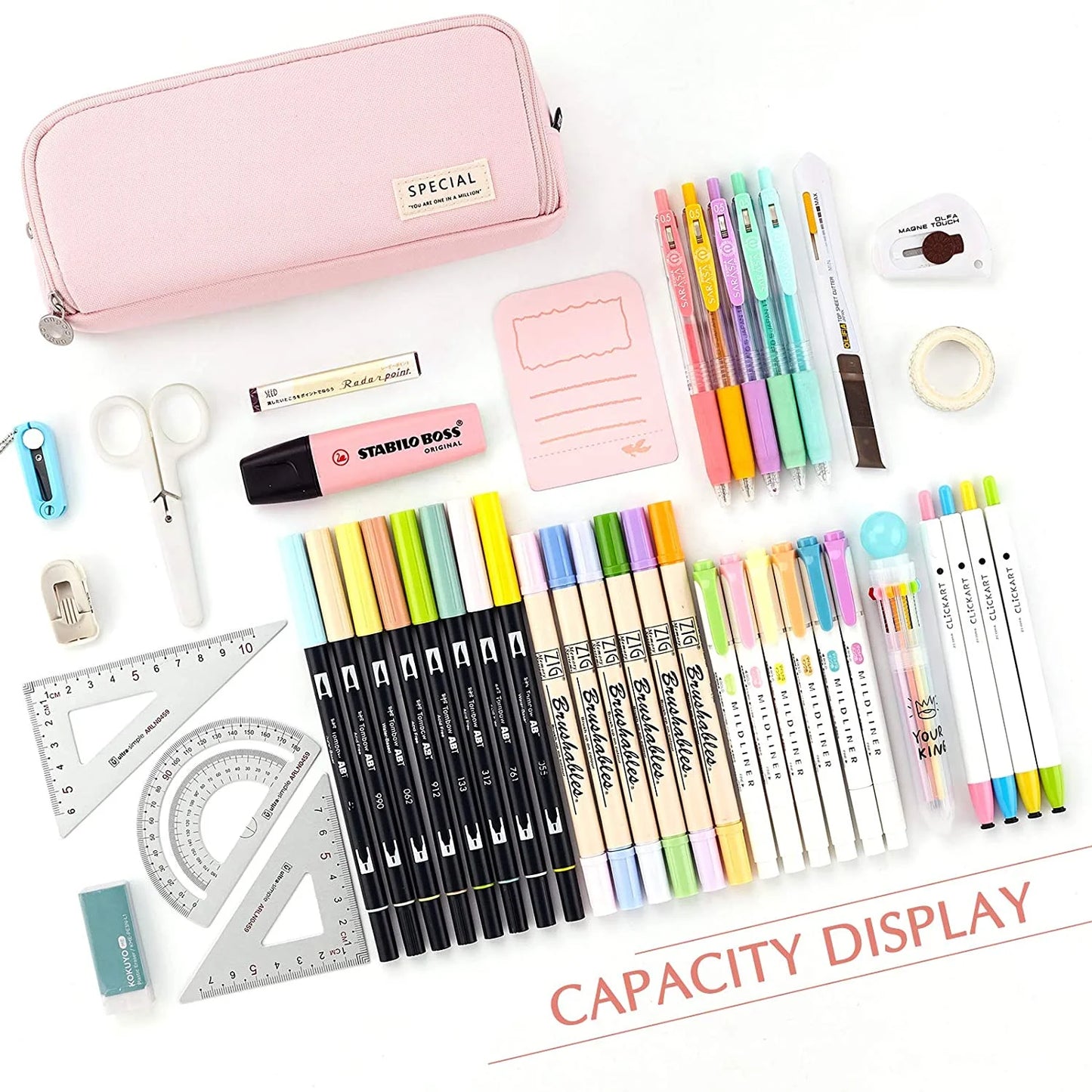 Large Capacity Pencil Case 3 Compartments Pen Pouch Pencil Bag for Students Girls Adults Women (PINK)