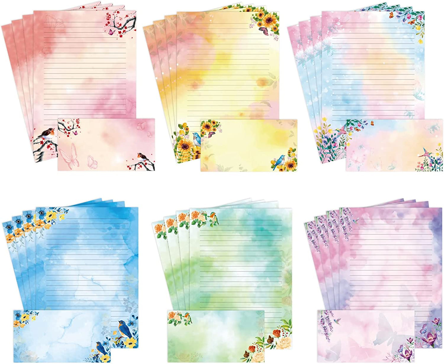 Lined Stationary Paper and Envelopes Set Floral Bird Watercolor Stationary Set W