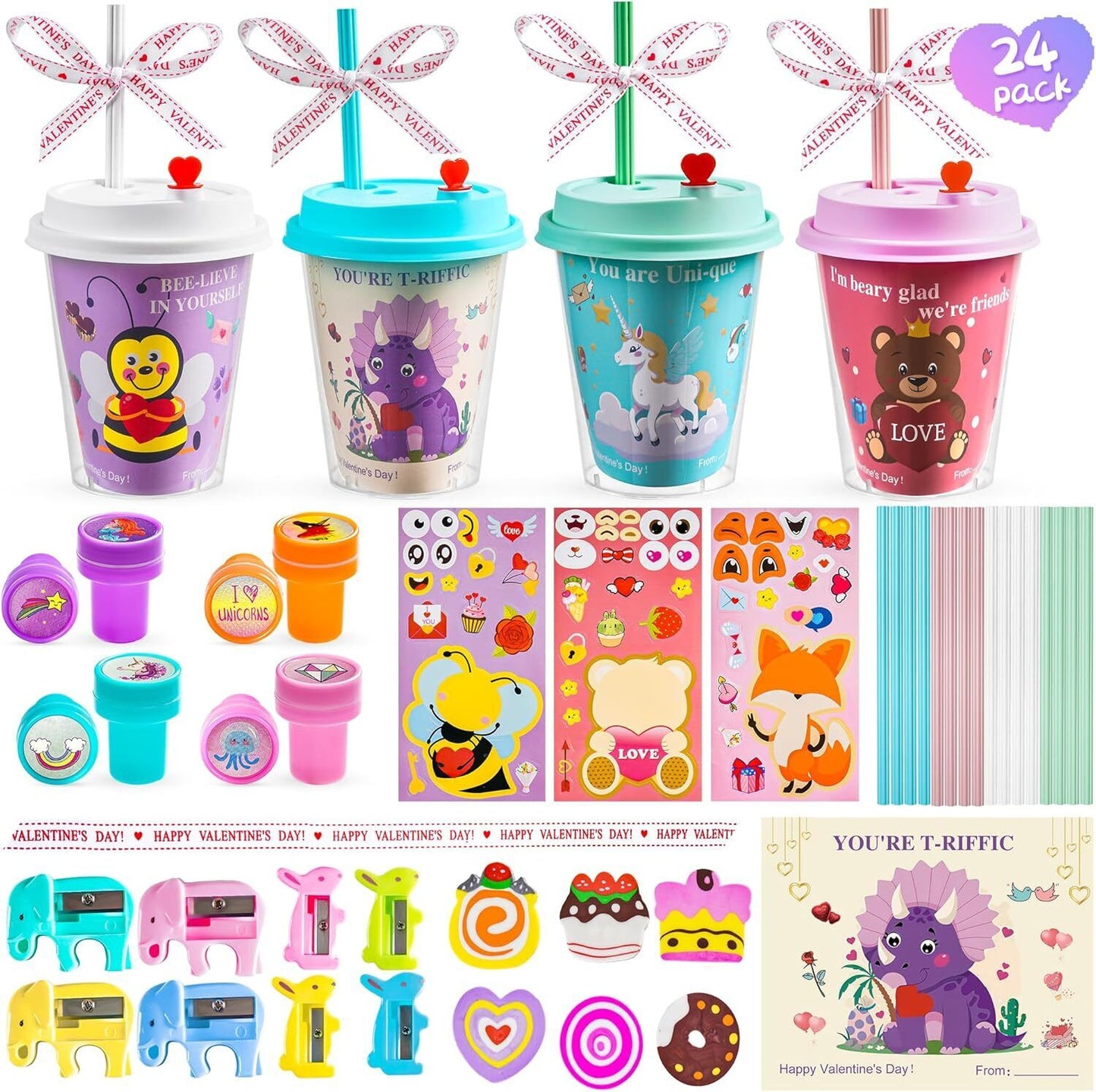 24 Pcs Valentines Day Gifts for Kids Classroom - Valentines Day Stationary Set