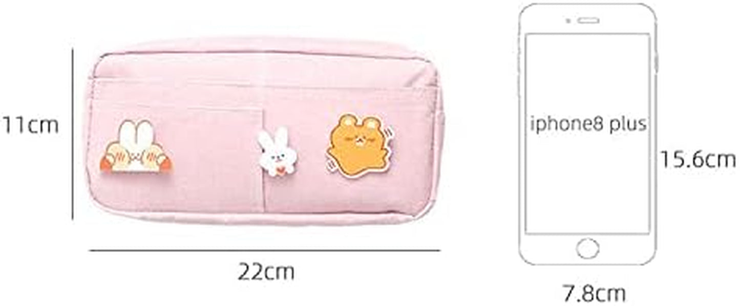 Kawaii Large Pencil Case Stationery Storage Bags Canvas Pencil Bag Cute Makeup Bag School Supplies for Girl Kids Gift W/Badge(A-Pink)…