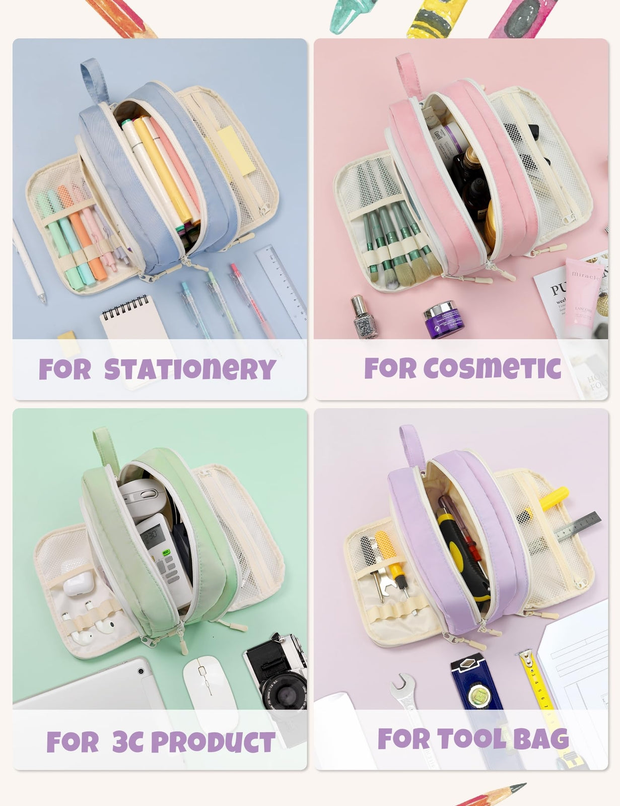 Cute Pencil Case, Aesthetic Pen Pouch with 3 Compartments, Kawaii Colored Lar...