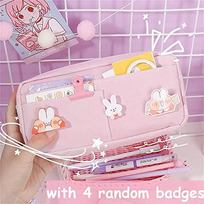 Kawaii Large Pencil Case Stationery Storage Bags Canvas Pencil Bag Cute Makeup Bag School Supplies for Girl Kids Gift W/Badge(A-Pink)…