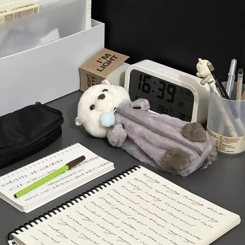 Cartoon Soft Pencil Pouch Pen Bag Makeup Pouch Plush Sea Otter Pencil Case Portable Pen Marker Holder School Supplies