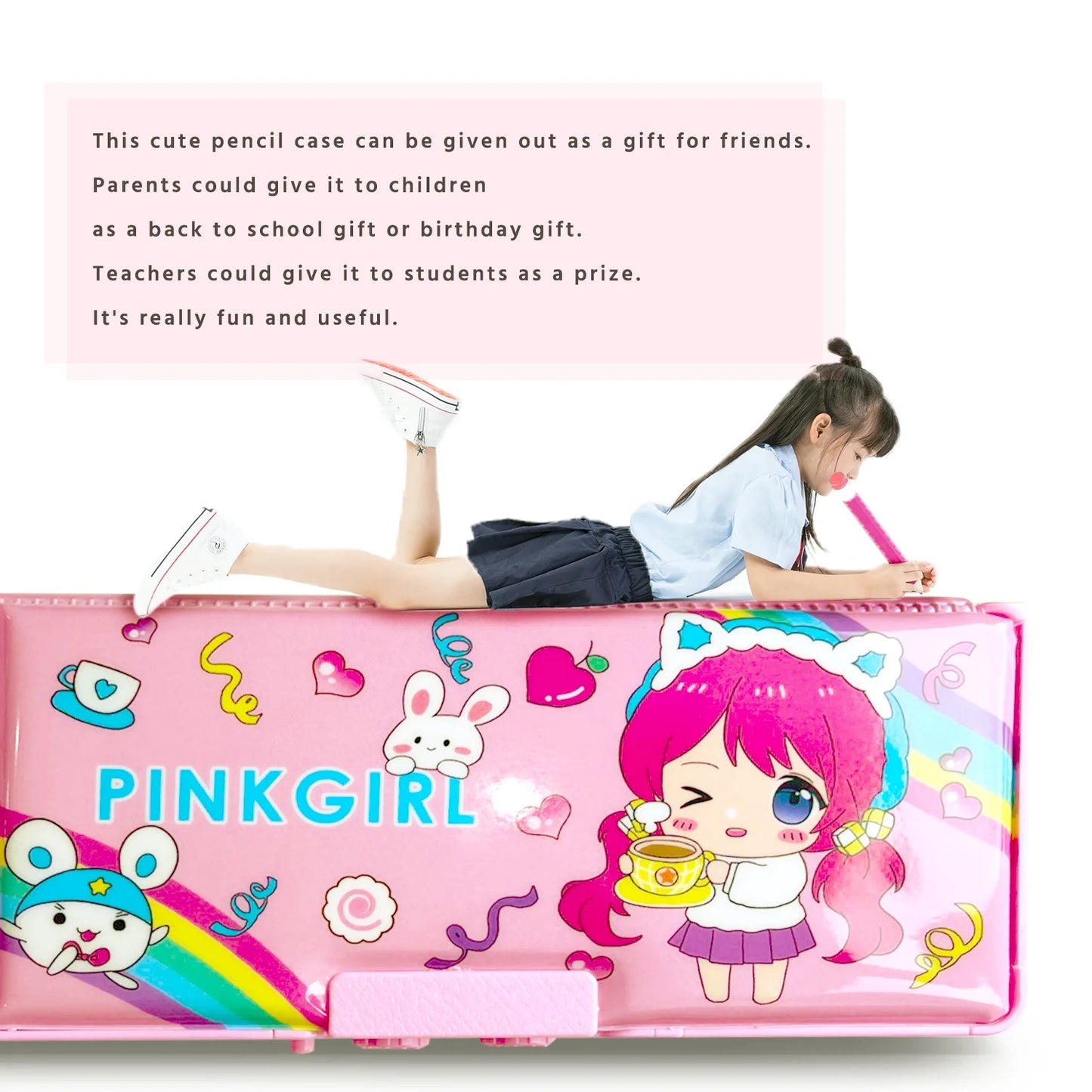 Pop up Multi Function Pencil Case (6-12), Cute Cartoon Pencil Box with Sharpener, Schedule, Whiteboard(Pink-Happy Day, with Password Lock)