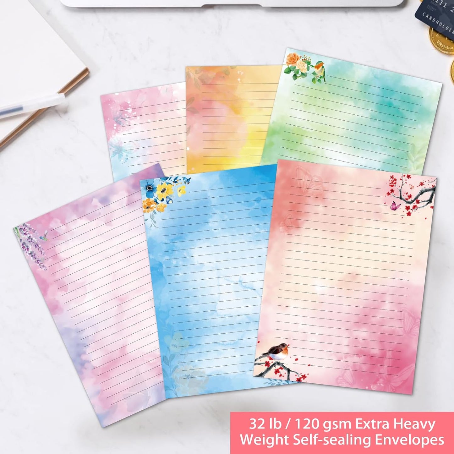Lined Stationary Paper and Envelopes Set Floral Bird Watercolor Stationary Set W