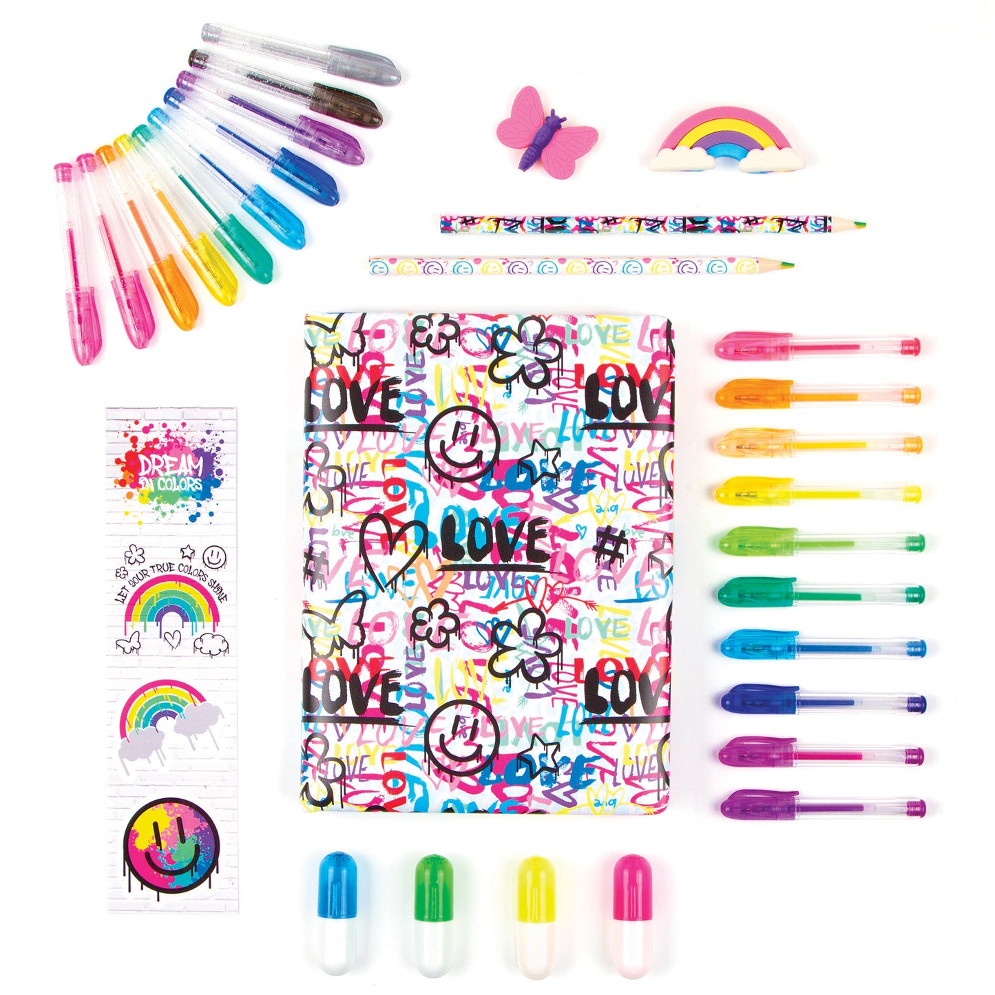 3C4G: Street Style 30 Piece Stationery Set - Includes 20 Mini Gel Pens, 2 Erasers, 2 Colored Pencils, 4 Highlighters & Sticker Sheet, Tweens & Girls 6+