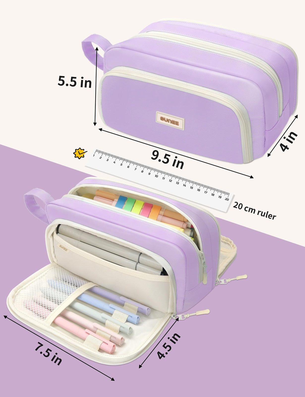 Cute Pencil Case, Aesthetic Pen Pouch with 3 Compartments, Kawaii Colored Lar...