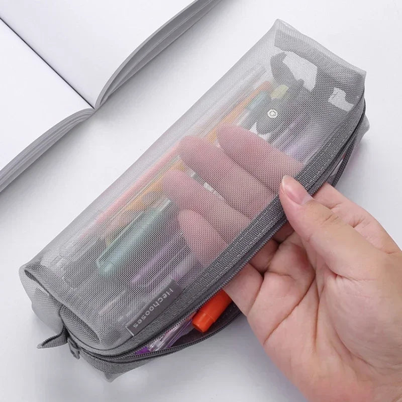 Transparent Stationery Pencil Bag Student Nylon Mesh Pen Case Unisex Large Capacity Pouch School Supplies Stationery Organizer