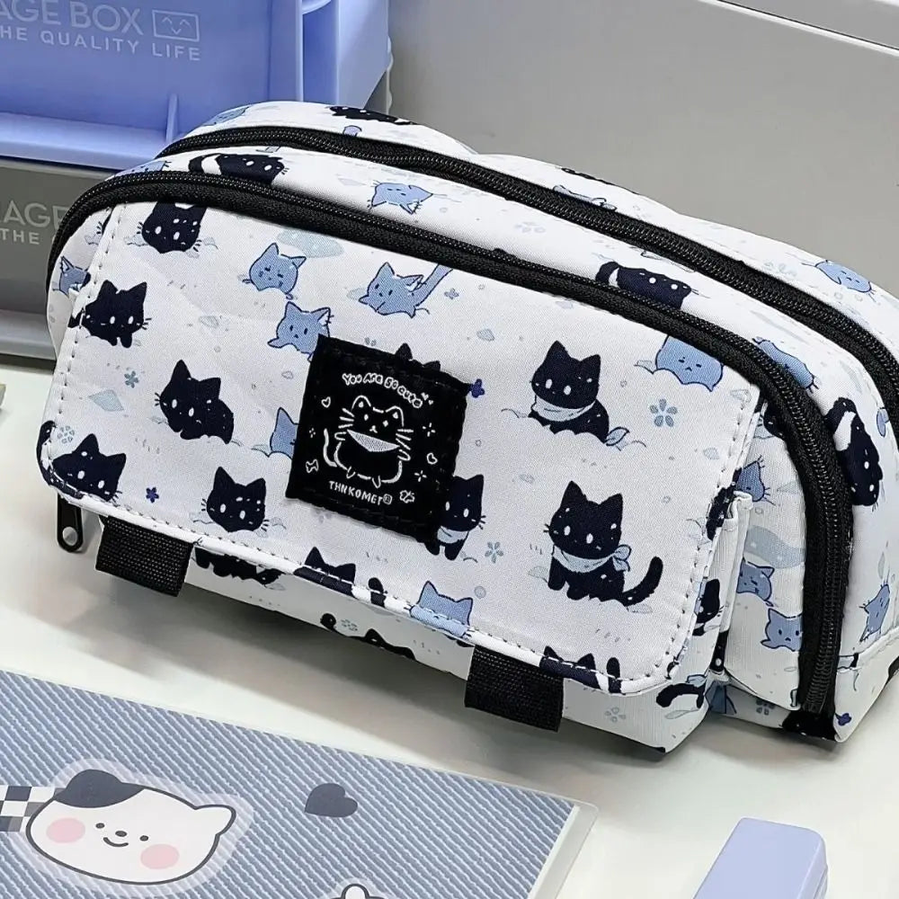 Fashion Cartoon Canvas Pen Bag Cute Cat Flip Cover Pencil Case Portable Large Capacity Retro Puppy Pen Pouch for Student Office