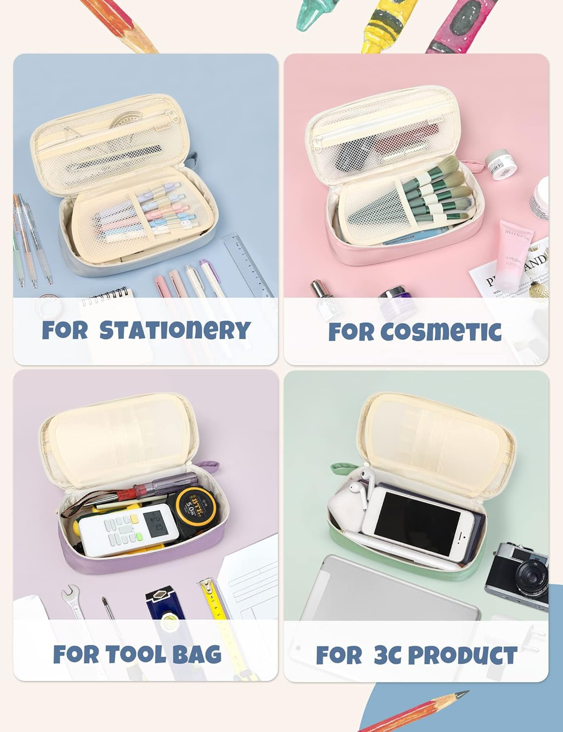 SUNEE Cute Pencil Case, Aesthetic Pen Pouch, Colored Large Pencil Bag with Zippe