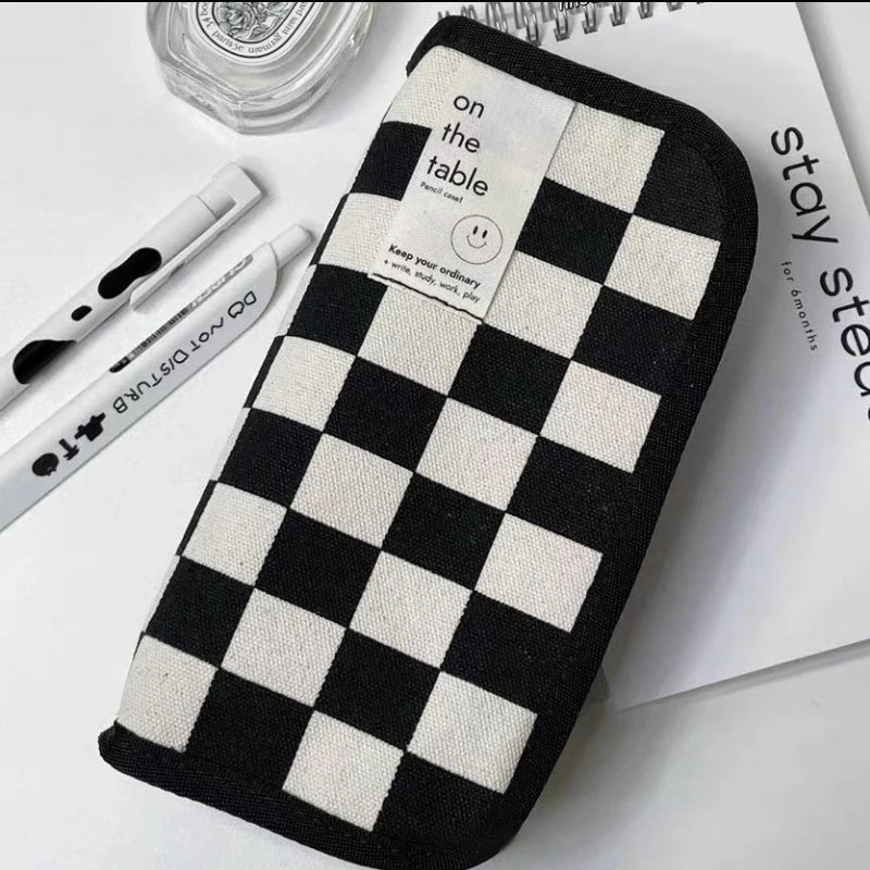 Simple Black and White Pencil Case Plaid Pencil Bag Kawaii Stationery Storage Bag for Kids Girls Back to School Supplies Gift