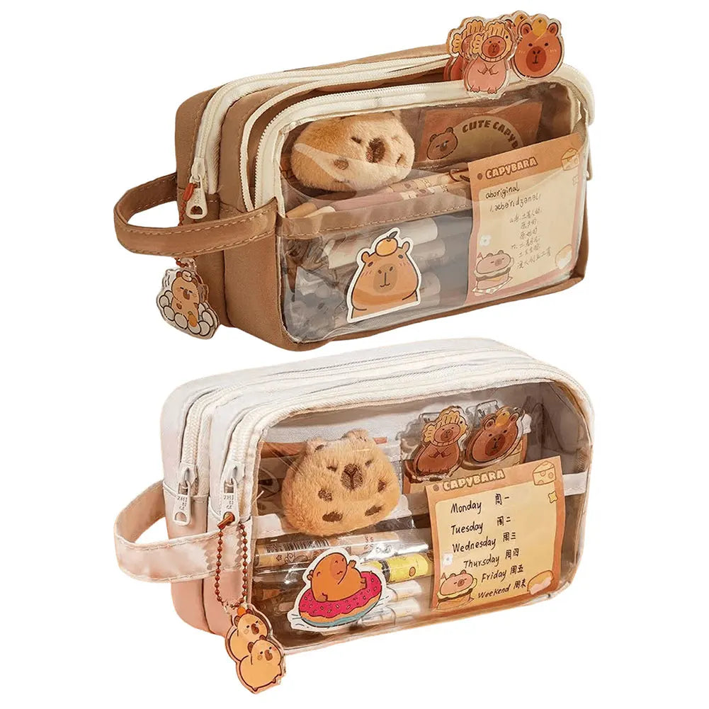 Capybara Kawaii Pencil Case with Compartments Stationary Bag Clear Pen Bag with Sticker Pendant for Office College School